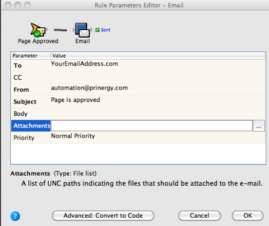 Prinergy Training > Edit the rule set - Approve a PDF page > Email_Action2.png